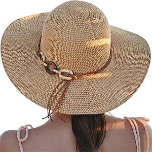 Beach Sun Hats for Women - Wide Brim Straw Womens Summer Hat with Wind Lanyard R